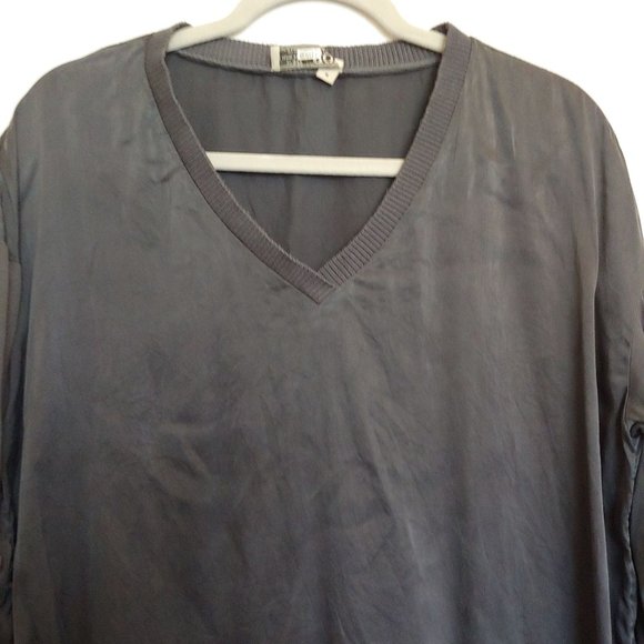 Go Silk 100% gray black silk long sleeve raw hem v-neck tunic medium - Picture 2 of 11
